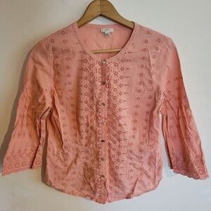 J. Jill 3/4 Long Sleeve Button Down Floral Cutouts Pink Peach Cotton S Small